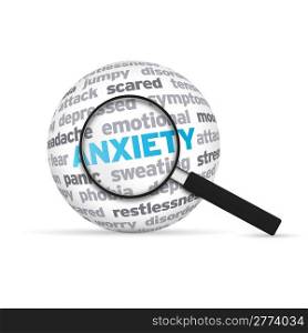 Anxiety 3d Word Sphere with magnifying glass on white background.