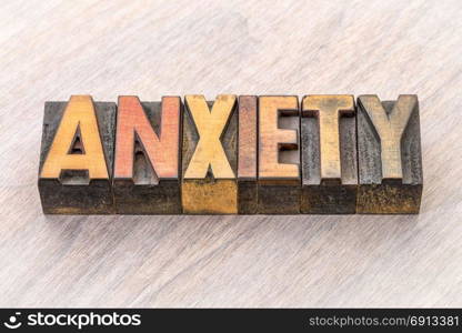 anxiety word abstract in vintage letterpress wood type printing blocks