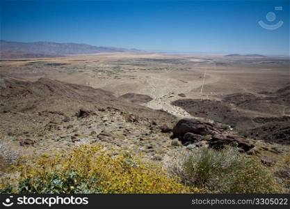 Anza Borrego desert and state park with the city of Borrego Springs in the valley framed by yellow bush
