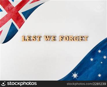 ANZAC Day. Lest We Forget. Beautiful greeting card. Close-up, view from above. National holiday concept. Congratulations for family, relatives, friends and colleagues. ANZAC Day. Lest We Forget. Beautiful greeting card