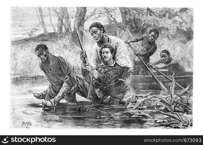 Aogousto and Son Carrying the Major Over the Marsh, in Angola, Southern Africa, drawing by Maillart based writings, vintage illustration. Le Tour du Monde, Travel Journal, 1881
