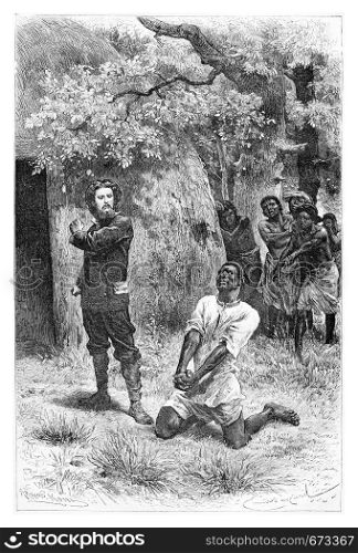 Aogousto Begs for Mercy in Front of Major Serpa Pinto in Angola, Southern Africa, drawing by Bayard based on a sketch and writings by Serpa Pinto, vintage engraved illustration. Le Tour du Monde, Travel Journal, 1881