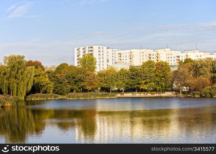 Apartment buildings with view over the Szczesliwicki Park in Warsaw, Poland, early autumn