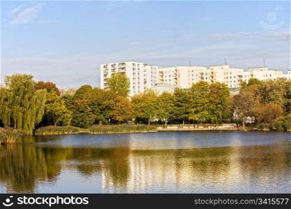 Apartment buildings with view over the Szczesliwicki Park in Warsaw, Poland, early autumn
