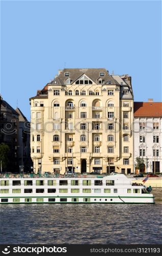 Apartment house residential architecture at the Danube river in Budapest, Hungary.