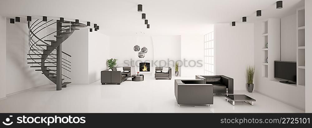 Apartment with stair and fireplace interior panorama 3d render