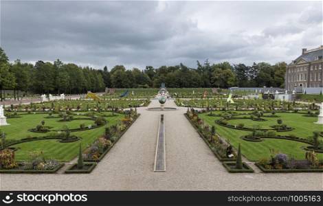 Apeldoorn,17-sept-2019:Apeldoorn, Gelderland, The Netherlands: Rear view on Paleis Het Loo, in English: The Woods Palace, from the Lower Garden.. garden of the royal palce t loo in holland