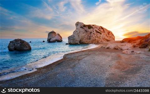 Aphrodite&rsquo;s beach and stone at sunset. The main attraction of Cyprus. The symbol of lovers. A popular tourist destination. Paphos, Limassol, Cyprus. Aphrodite&rsquo;s beach and stone at sunset