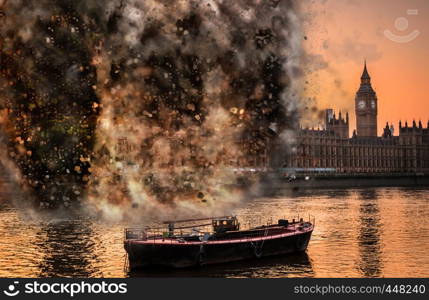 Apocalypse End of Times digital concept of explosion at Houses of Parliament, Westminster, London, UK. Explosion concept at Houses of Parliament, Westminster, London, UK