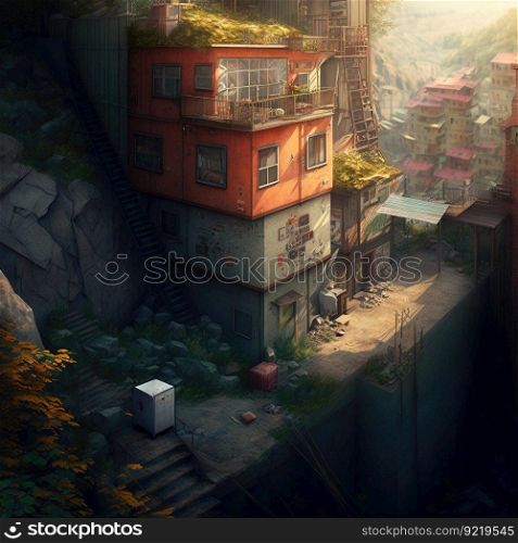 Apocalyptic concept of a destroyed old house on a mountainside, evening time. Poor area. AI generated.. Apocalyptic concept of a destroyed old house on a mountainside, evening time. AI generated.