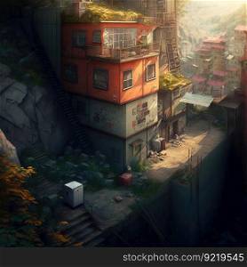 Apocalyptic concept of a destroyed old house on a mountainside, evening time. Poor area. AI generated.. Apocalyptic concept of a destroyed old house on a mountainside, evening time. AI generated.