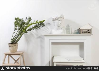 Apollo&rsquo;s plaster head in a white interior. Zamioculcas plant in a clay pot on a stool. Wooden box with glass bottles and a notepad on the table.