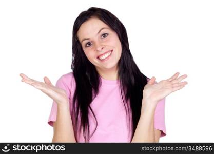 Apologizing girl smiling isolated on a over white background