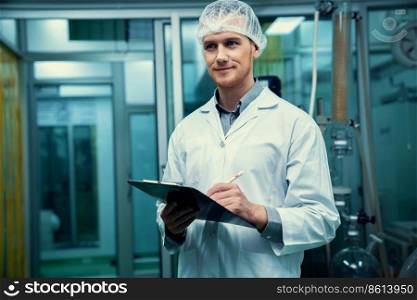 Apothecary scientist using a clipboard and pen to record information from a CBD oil extractor and a scientific machine used to create medicinal cannabis products.. Apothecary scientist recording information from a CBD oil extractor.