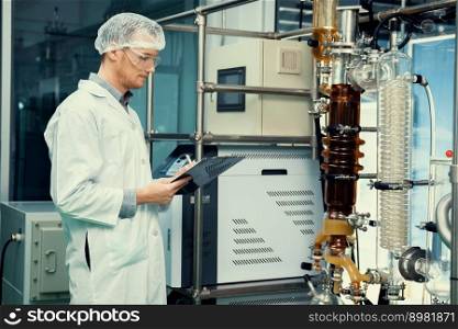 Apothecary scientist using a clipboard and pen to record information from a CBD oil extractor and a scientific machine used to create medicinal cannabis products.. Apothecary scientist recording information from a CBD oil extractor.