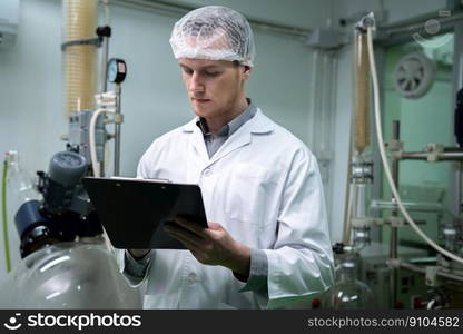 Apothecary scientist using a clipboard and pen to record information from a CBD oil extractor and a scientific machine used to create medicinal cannabis products.. Apothecary scientist recording data from CBD oil extractor in laboratory.