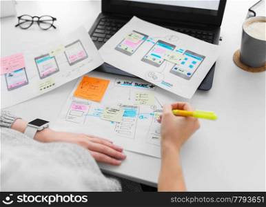 app design, technology and business concept - web designer or developer with sketches and laptop computer working on user interface at office. web designer working on user interface at office
