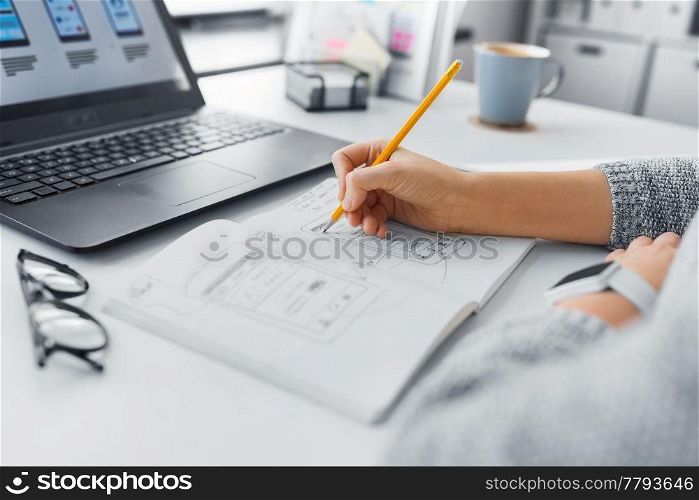app design, technology and business concept - web designer or developer working on user interface and drawing sketches at office. web designer working on user interface at office