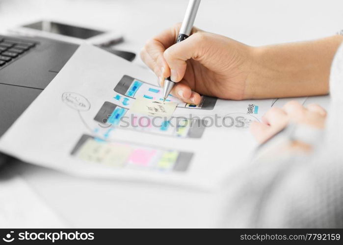 app design, technology and business concept - web designer working on user interface and creating layout at office. web designer working on user interface wireframe