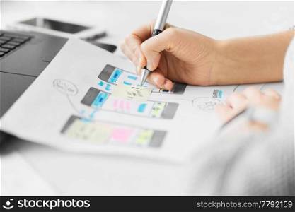 app design, technology and business concept - web designer working on user interface and creating layout at office. web designer working on user interface wireframe