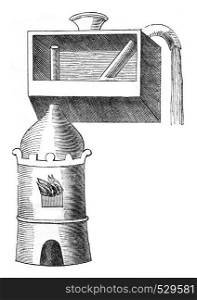 Apparatus JB Porta or high water vapor above its level, vintage engraved illustration. Magasin Pittoresque 1847.