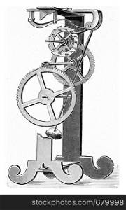 Apparatus to show the action of the pendulum on the slowing down of the watch, vintage engraved illustration. From the Universe and Humanity, 1910.