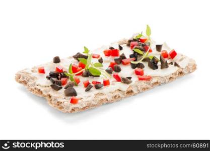Appetiser toast with cheese, red bell pepper, olives and thyme. Healthy food, vegan or diet nutrition concept.