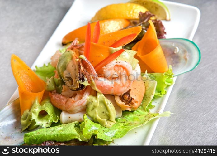 appetizer closeup dish of seafood and vegetables