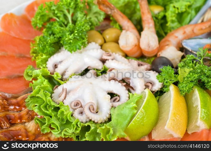 appetizer closeup of different seafood and vegetables