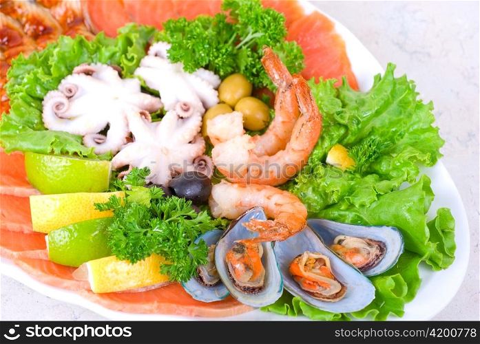 appetizer closeup of different seafood and vegetables