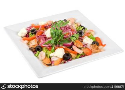 appetizer closeup of different seafood and vegetables on a white