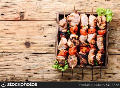 Appetizer kebab,grilled meat. Grilled shish kebab or shashlik on skewers.Eastern food.BBQ