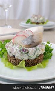 Appetizer of chopped herring, radish and apple and sour cream on a slice of rye bread