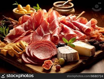 Appetizer snack with prosciutto ham,parma ham,olives,cheese and breadstick on dark background.AI Generative