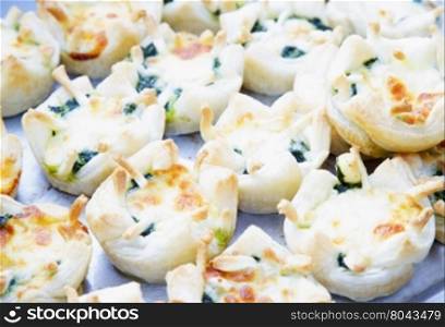 Appetizers in rows, with zucchini and vegetables, horizontal image