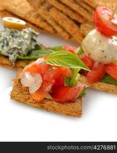 Appetizers With Crackers,Dip ,Vegetables And Mozzarella Cheese