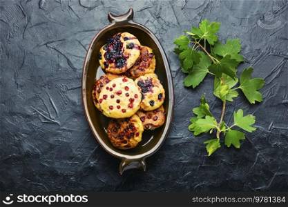Appetizing cookies biscuit with red currants. Cookie with fruit berries. Homemade cookies with berry.