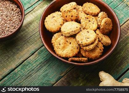 Appetizing crackers with flax and ginger. Vegetarian pastries.. Unsweetened ginger cookies.