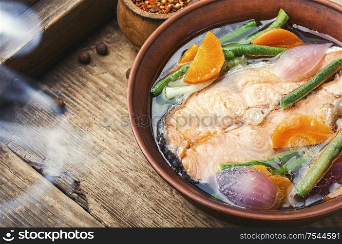 Appetizing dietary boiled salmon or trout.Fish broth. Tasty salmon broth.