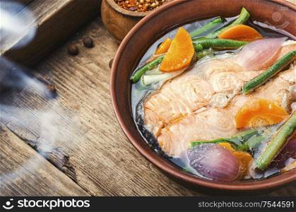 Appetizing dietary boiled salmon or trout.Fish broth. Tasty salmon broth.