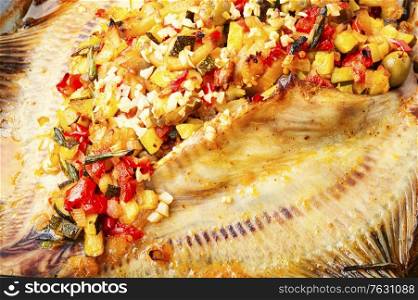 Appetizing flounder or flat-fish baked with vegetables.Fried fish with vegetable filling. Flounder with vegetables on table
