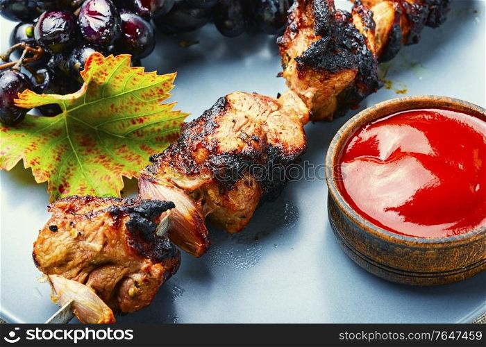 Appetizing fresh meat kebab in grape marinade. Shish kebab with grapes