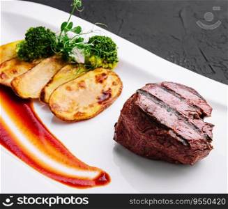 Appetizing fried beef steak with potatoes on plate