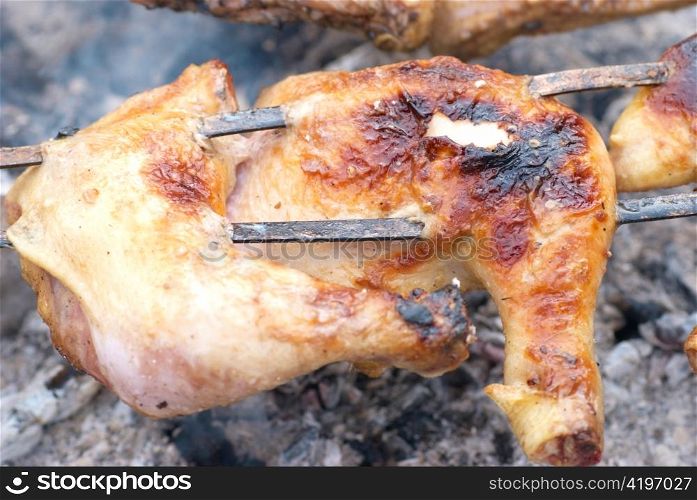 Appetizing grilled chicken kebab on metal skewers