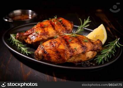 Appetizing grilled juicy chicken with golden brown crust served with lemon and rosemary