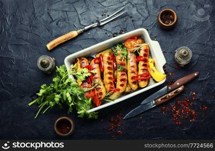 Appetizing grilled sausages with grilled vegetables. Sausages fried with pepper.. Delicious grilled sausages