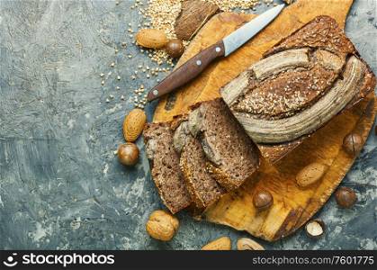 Appetizing homemade buckwheat bread loaf with banana. Delicious banana bread