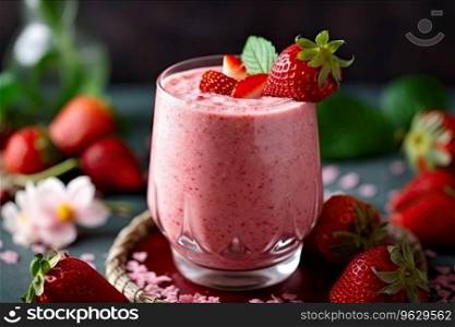Appetizing homemade strawberry smoothie in glass, Generative AI