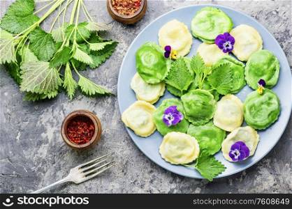 Appetizing Italian ravioli cooked with nettles and spinach. Homemade ravioli with herbs