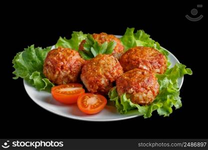 Appetizing meat balls in tomato sauce on a dark background. High protein healthy dish.. Appetizing meat balls in tomato sauce on a dark background. High protein dish.